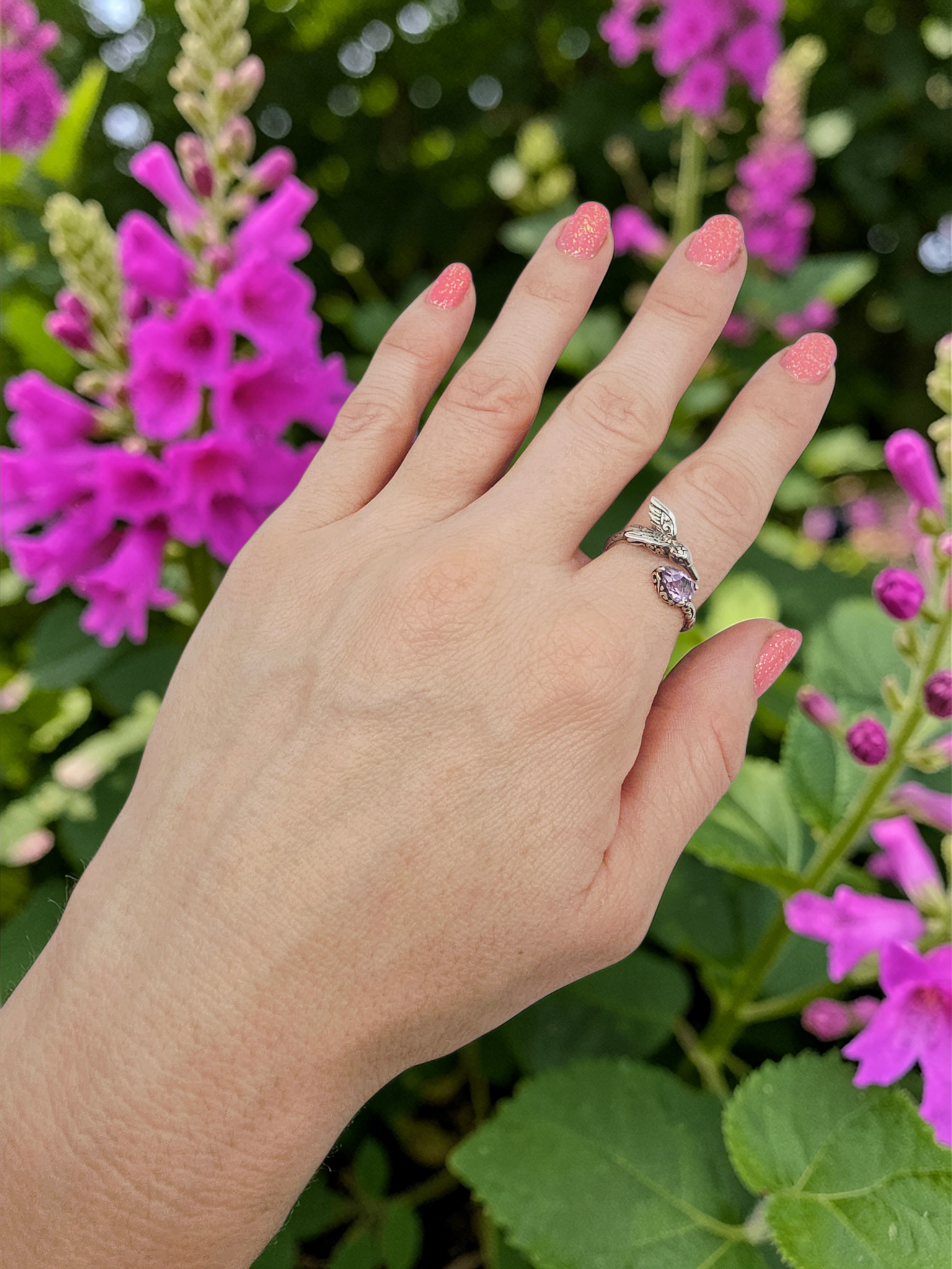 925 Sterling Silver Ring with Pear Cut Amethyst & Hummingbird - Size 8