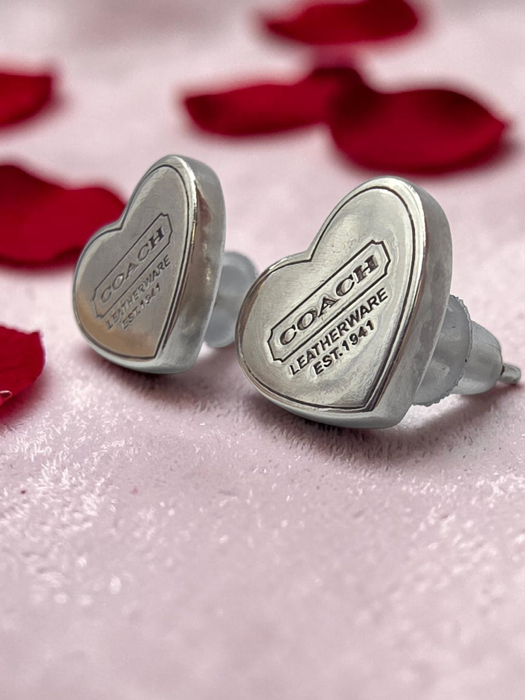 Authentic Rare Vintage Coach Heart Stud Earrings 925 Sterling Silver
