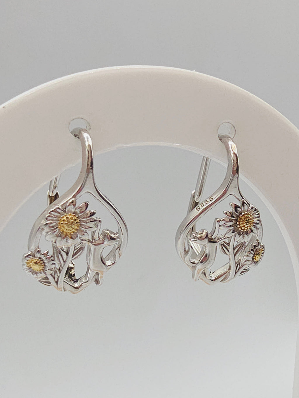 925 Sterling Silver Kitty Cat & Sunflower Leverback Drop Earrings with 24K Gold Accents