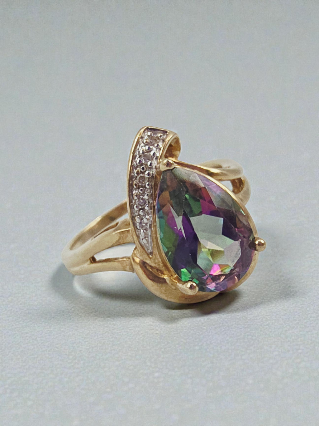 Solid 10K Yellow Gold Ring with Pear Cut Mystic Topaz and Diamond Accents Size 9