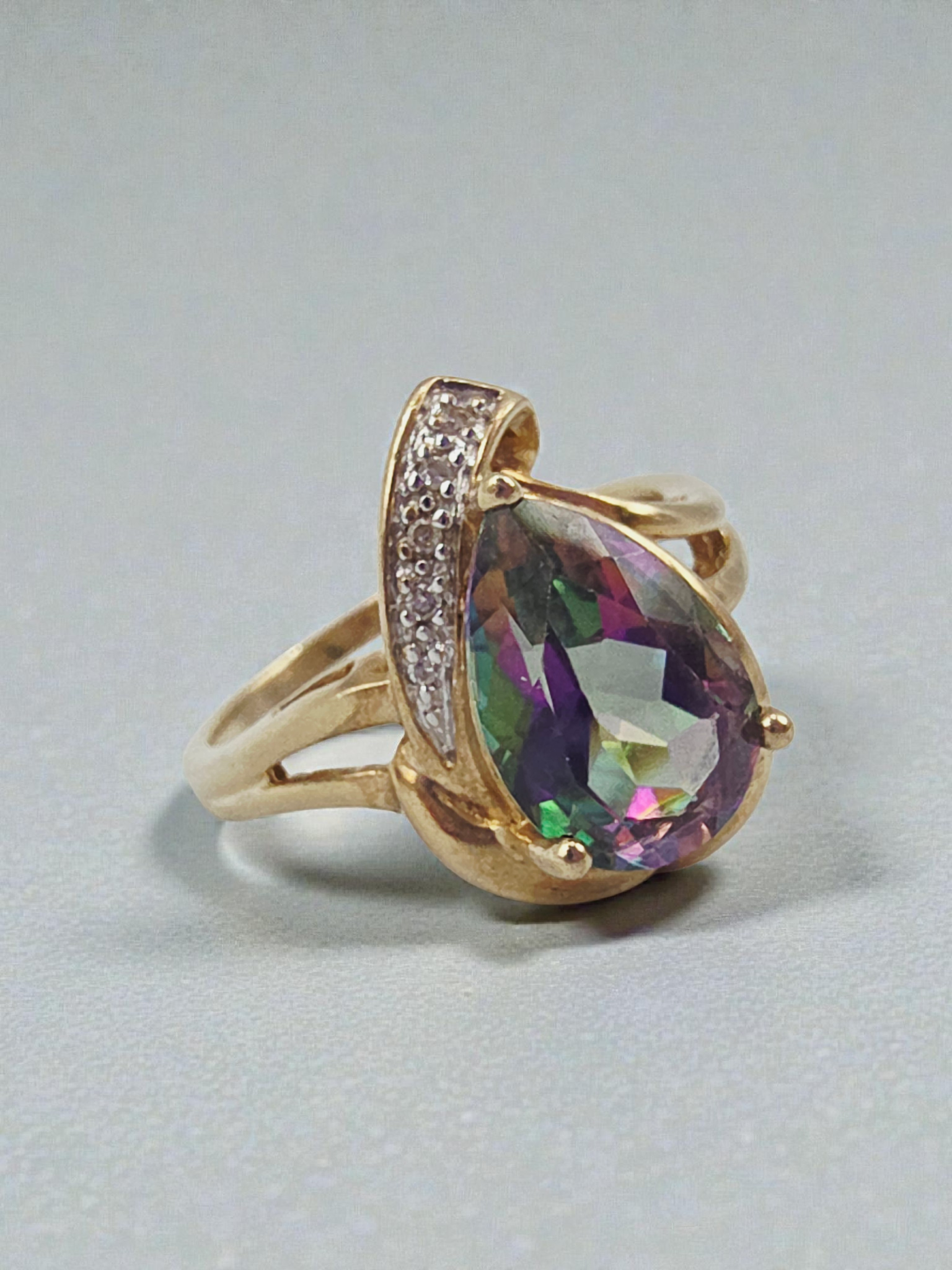 Solid 10K Yellow Gold Ring with Pear Cut Mystic Topaz and Diamond Accents Size 9