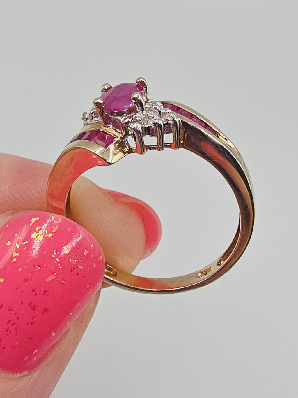 Solid 10K Yellow Gold Ring with Oval-Cut Ruby and Ruby & Diamond Accents - Size 7