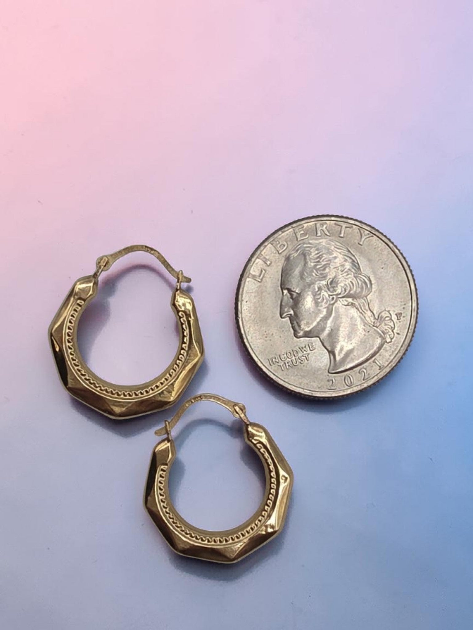 Vintage Solid 10K Yellow Gold Faceted Octagon Creole Hoop Earrings