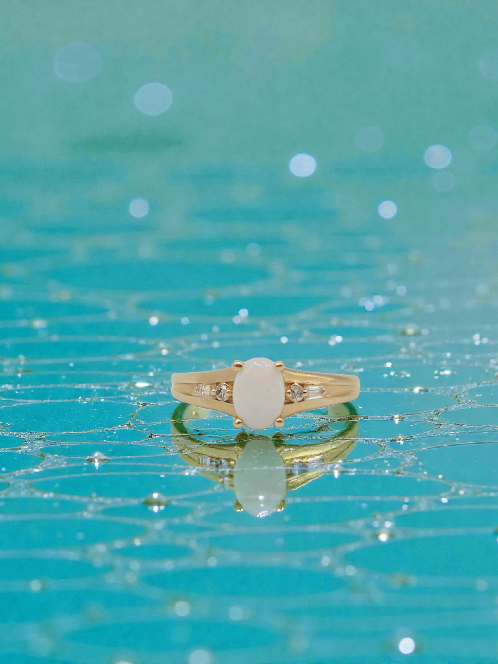 Solid 14K Yellow Gold Ring with Oval-Cut Opal and Diamond Accents - Size 7.25