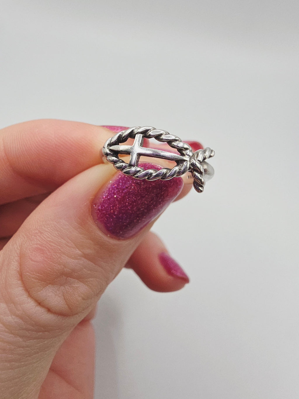 RETIRED James Avery Twisted Cable Ichthus Cross Silver Ring - Sz 5