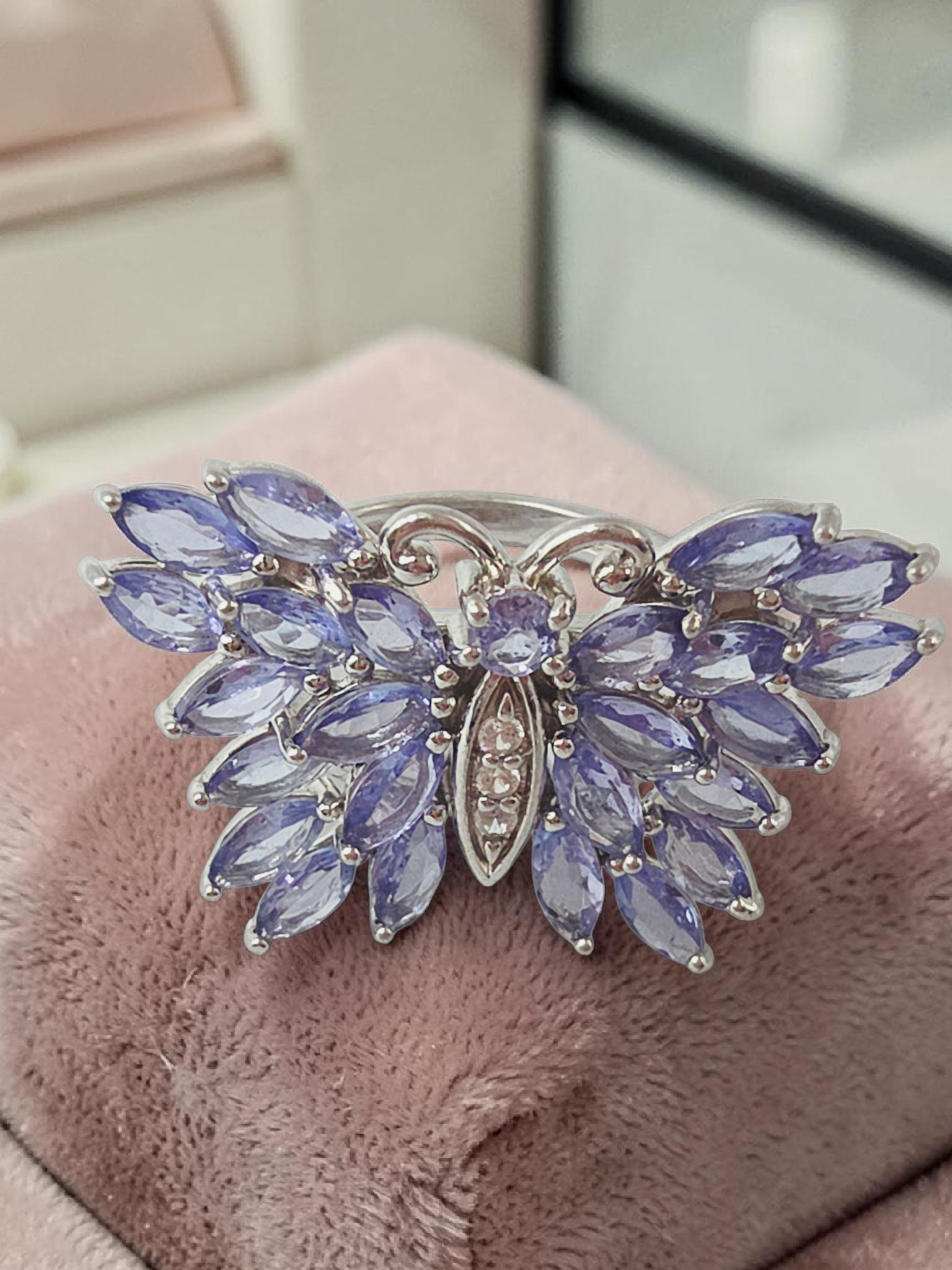 Sterling Silver Butterfly Ring with Iolite Wings and White Topaz Body - Size 5