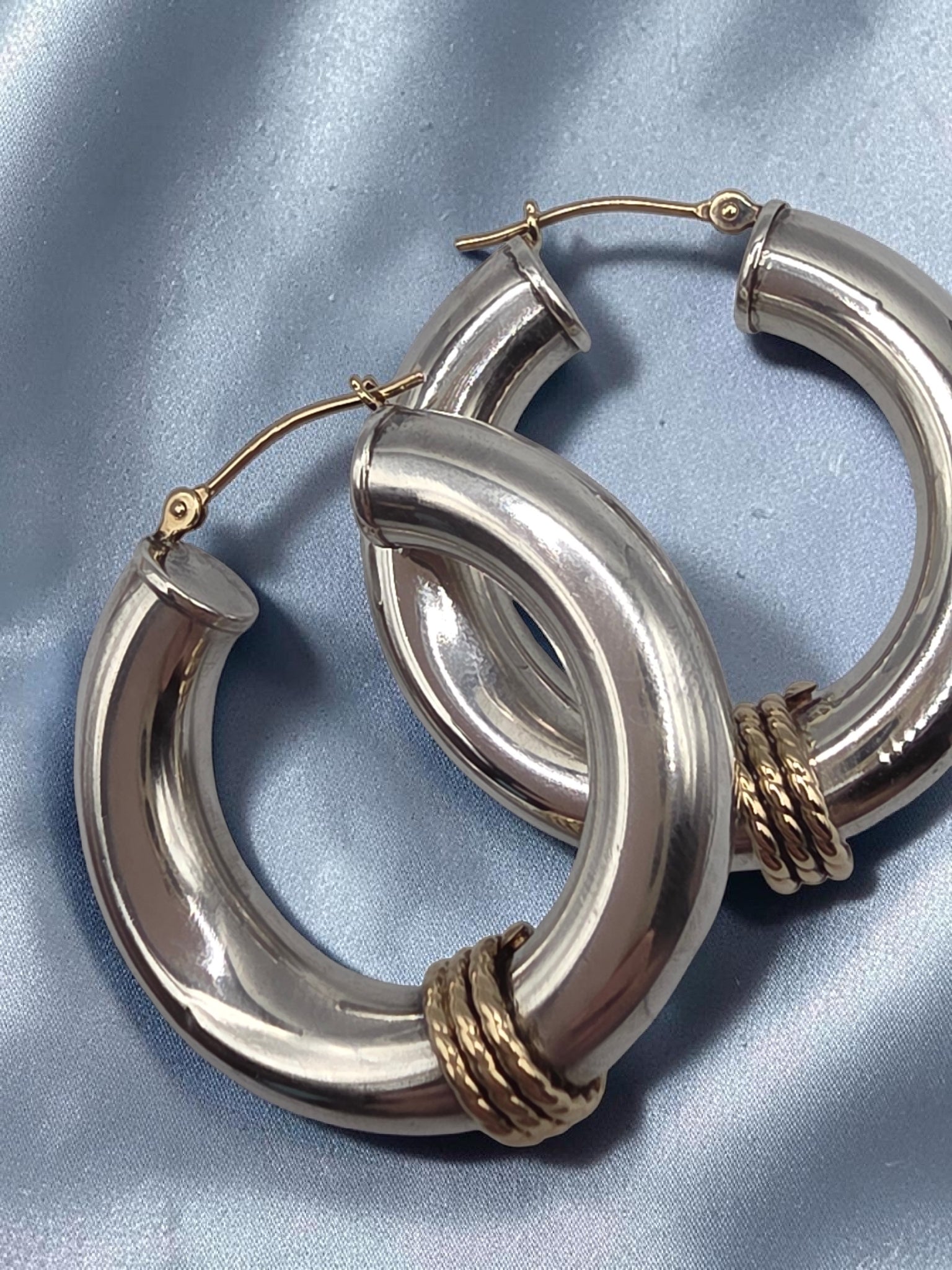 925 Sterling Silver Hoop Earrings with Solid 14K Gold Twisted Rope Accents