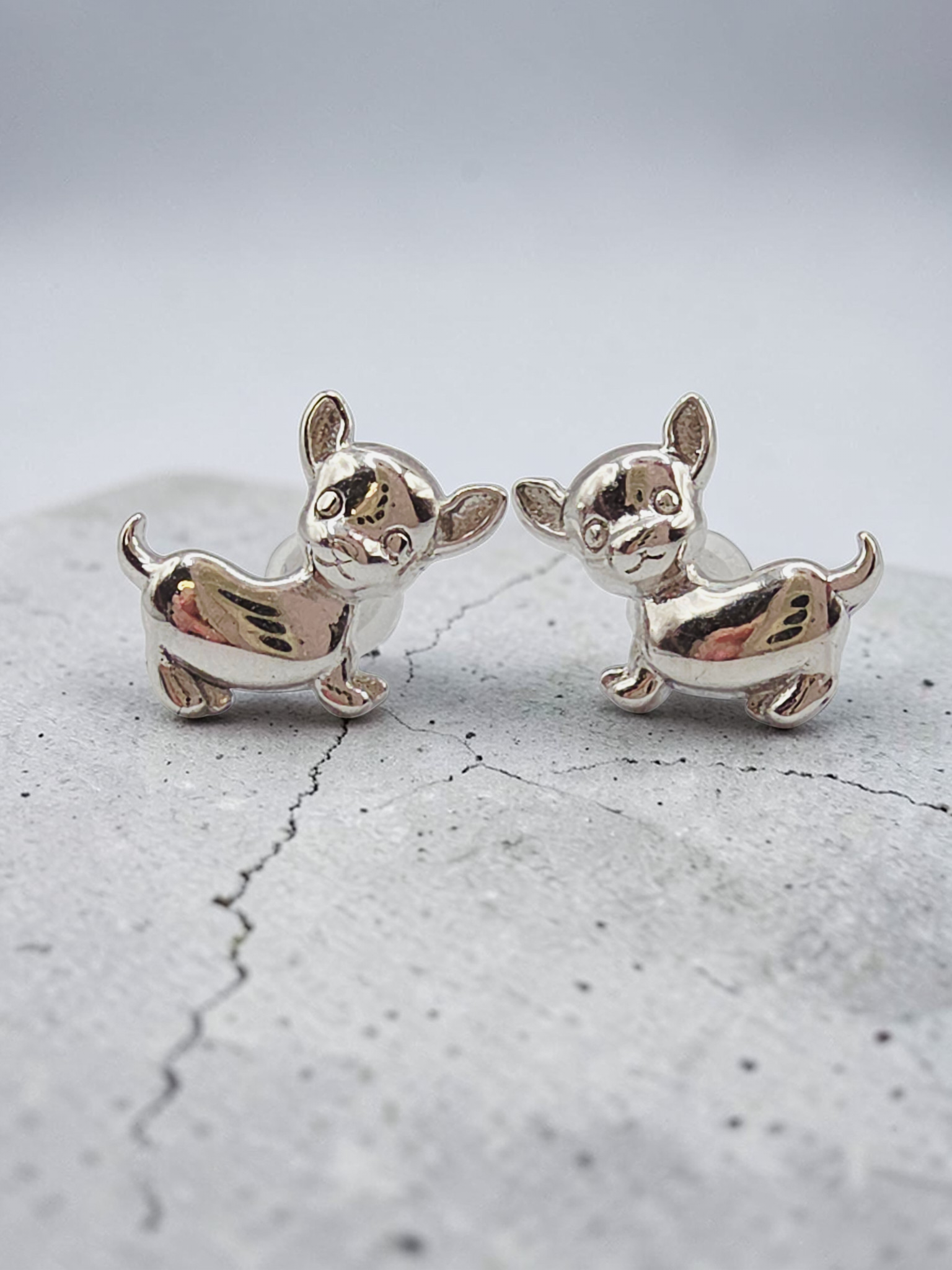 925 Sterling Silver Puppy Dog Stud Earrings - Silicone Backs