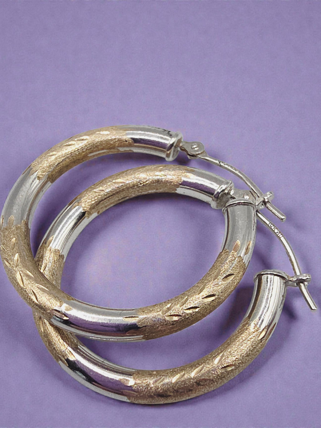 Solid 10K Two-Tone Yellow & White Gold Textured Hoop Earrings