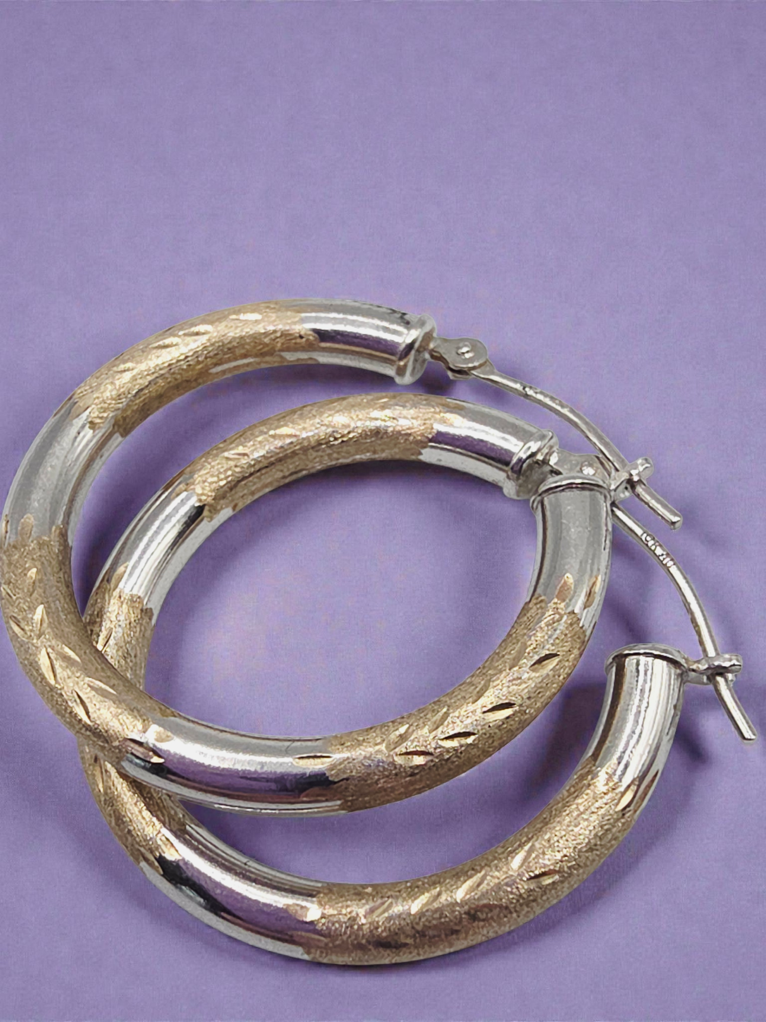 Solid 10K Two-Tone Yellow & White Gold Textured Hoop Earrings