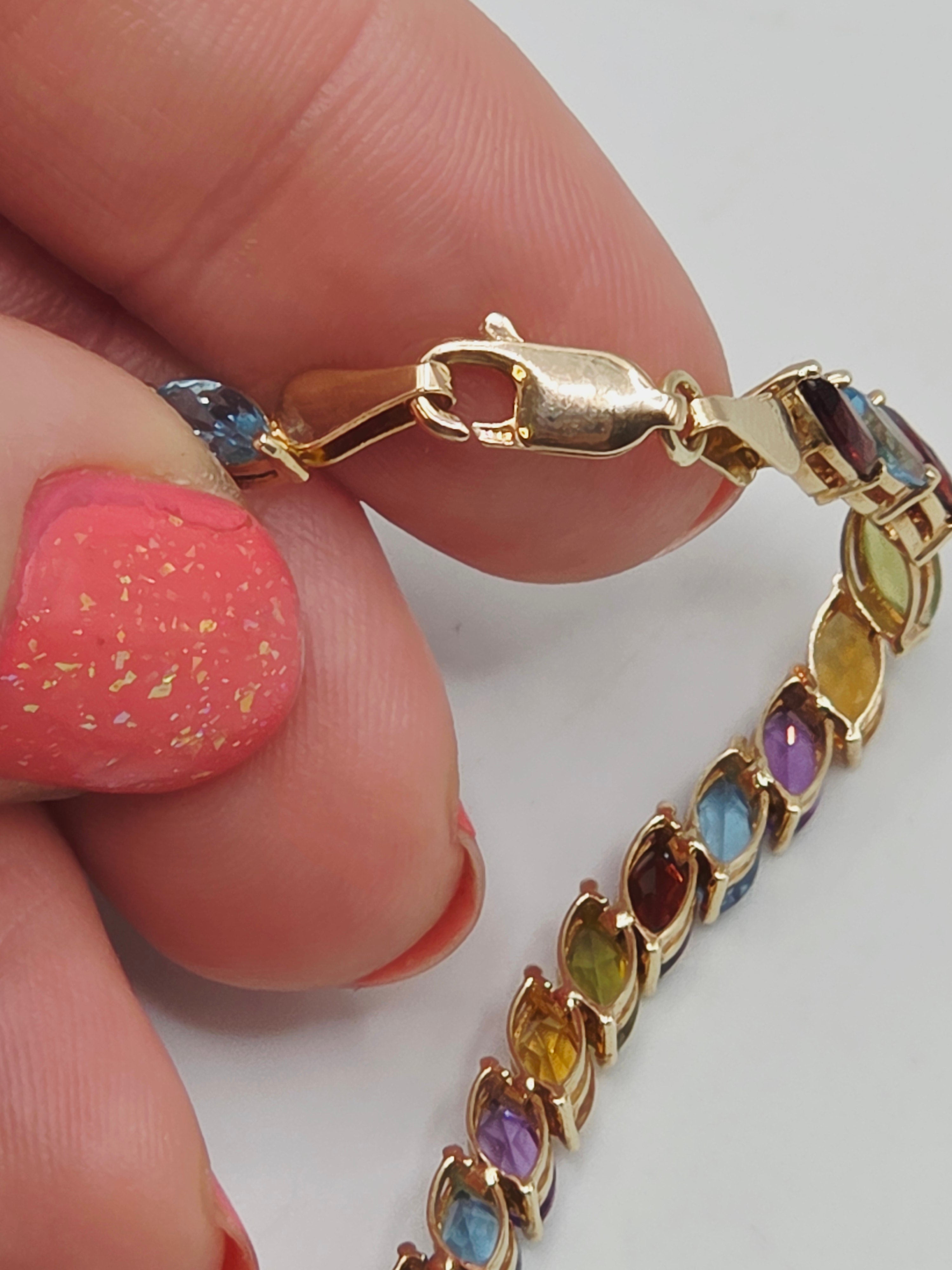 Solid 14K Gold Bracelet with Garnet, Topaz, Citrine, Peridot, Amethyst 7.25 Inch
