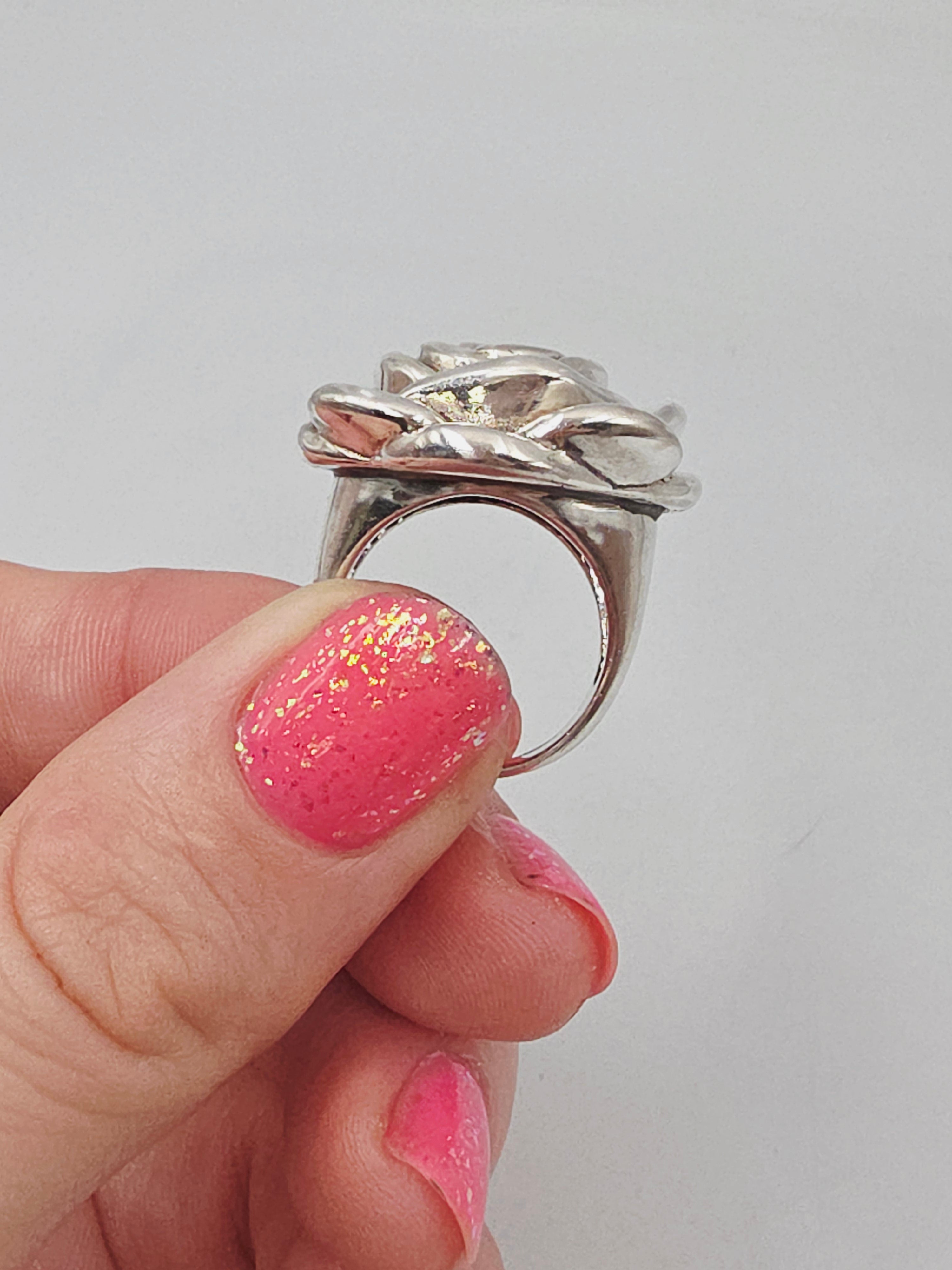 Sterling Silver Rose Flower Statement Ring Botanical Floral – Size 6