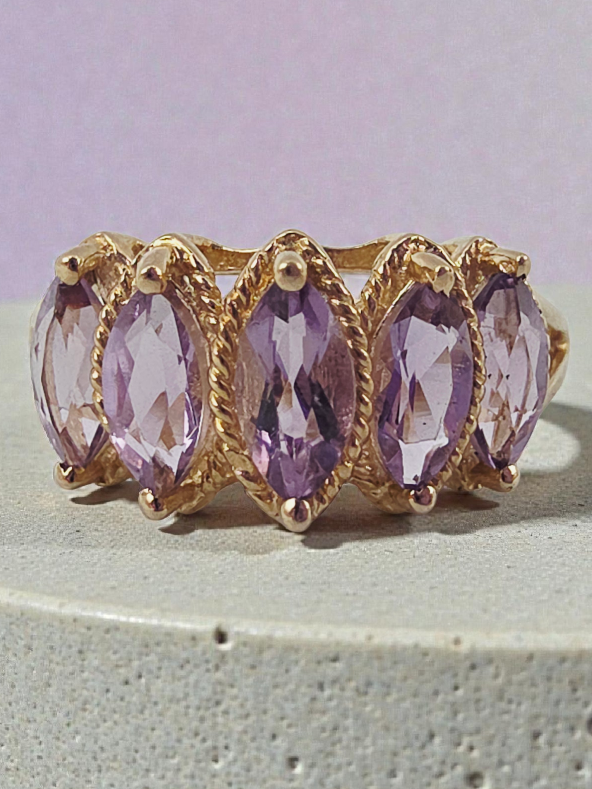 Solid 10K Yellow Gold Ring with Marquise Cut Amethysts Size 7
