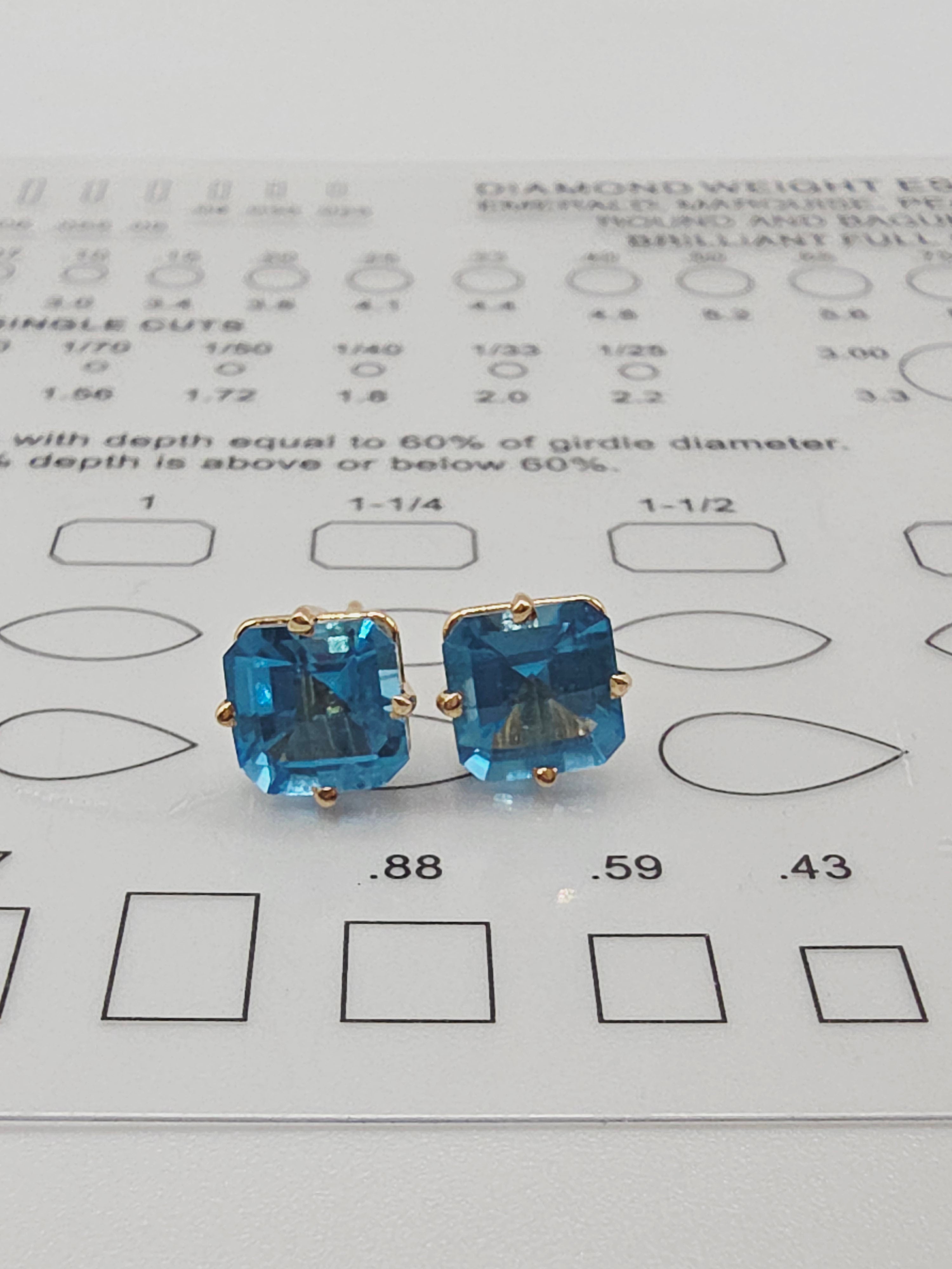 Solid 14K Yellow Gold Cushion Cut Blue Topaz Stud Earrings