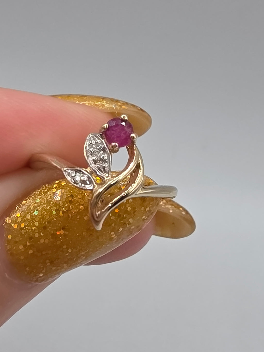 Solid 10K Yellow Gold Ruby Flower and Diamond Leaf Swirl Ring - Size 4