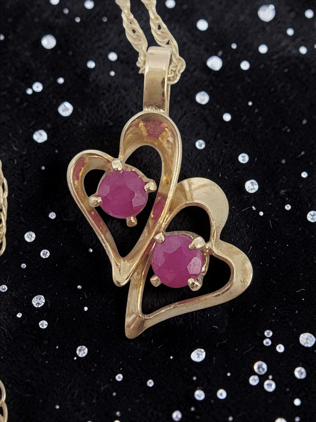 Solid 14K Yellow Gold Double Ruby Heart Pendant Necklace - 18 Inch