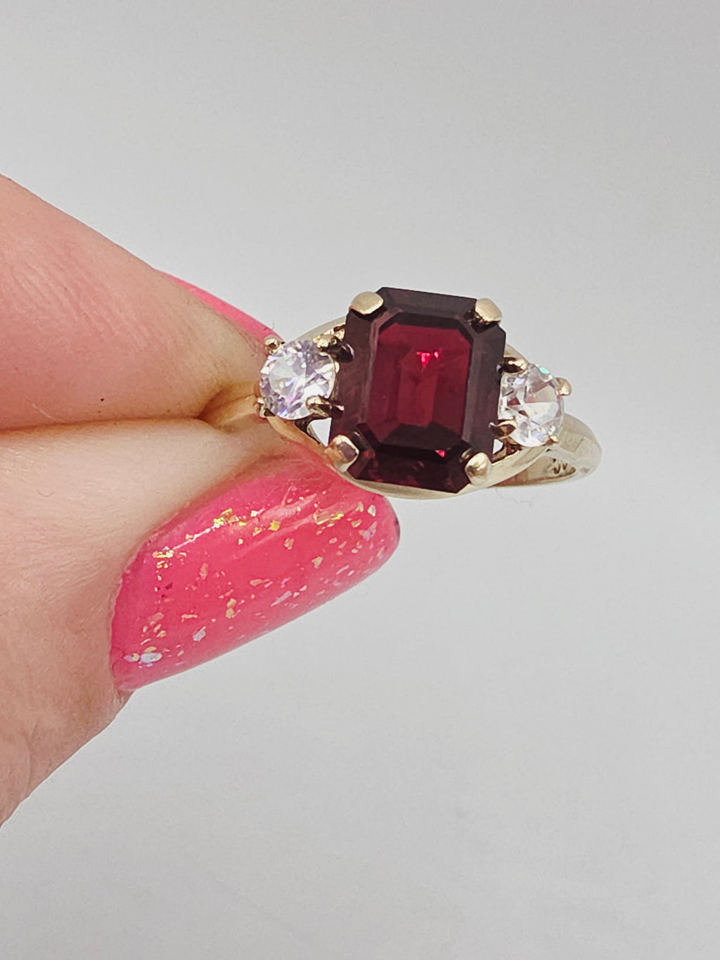 Solid 10K Yellow Gold Ring with Emerald-Cut Ruby & White Topaz Accents – Size 7