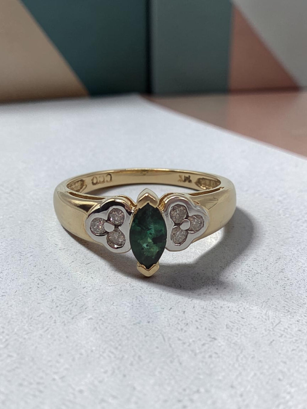 Vintage Black Hills Gold CCO Solid 14K Marquise Emerald Diamond Ring Size 6.75