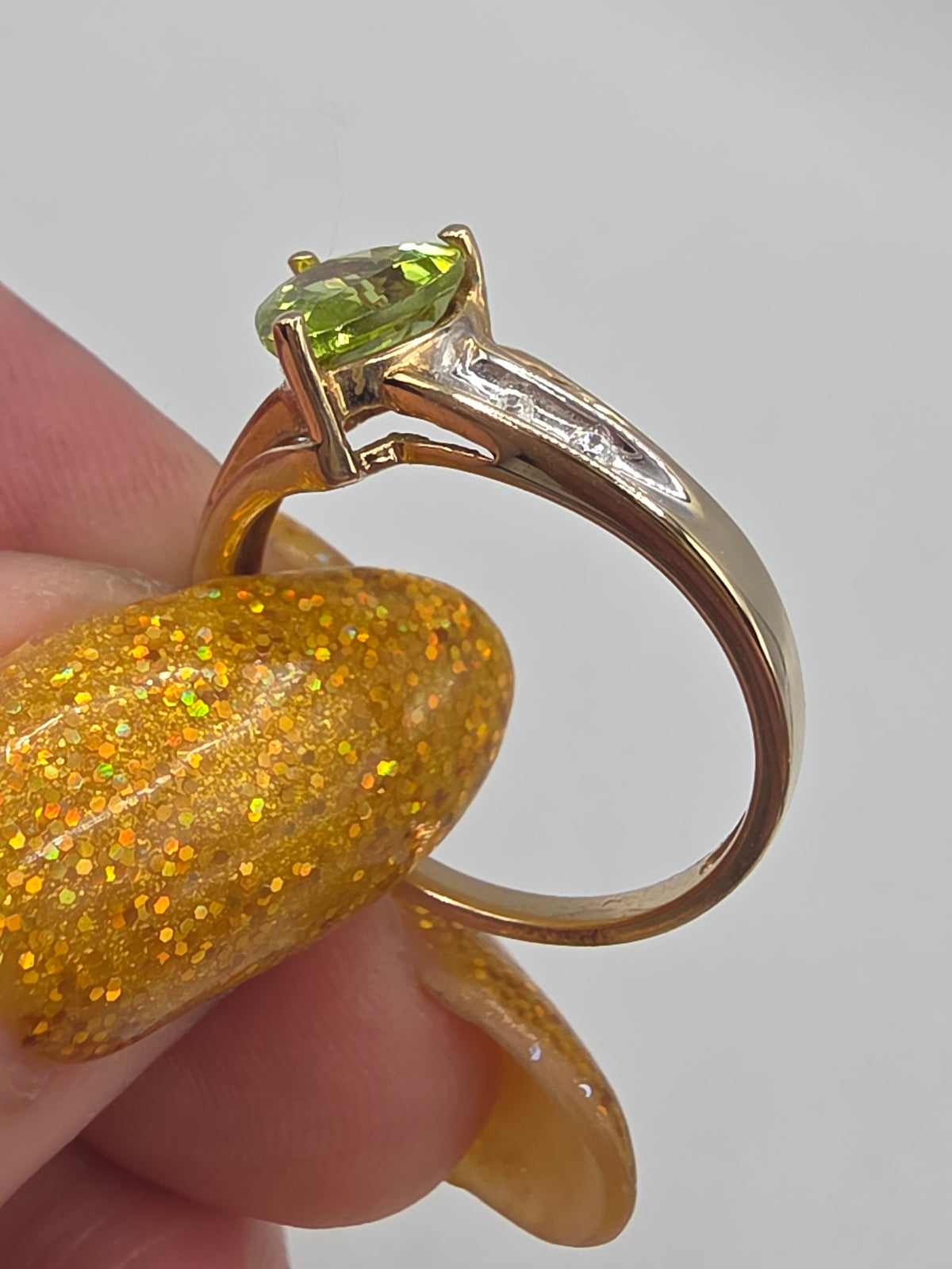 Solid 10K Yellow Gold Heart Cut Green Peridot Ring with CZ Accents - Size 6