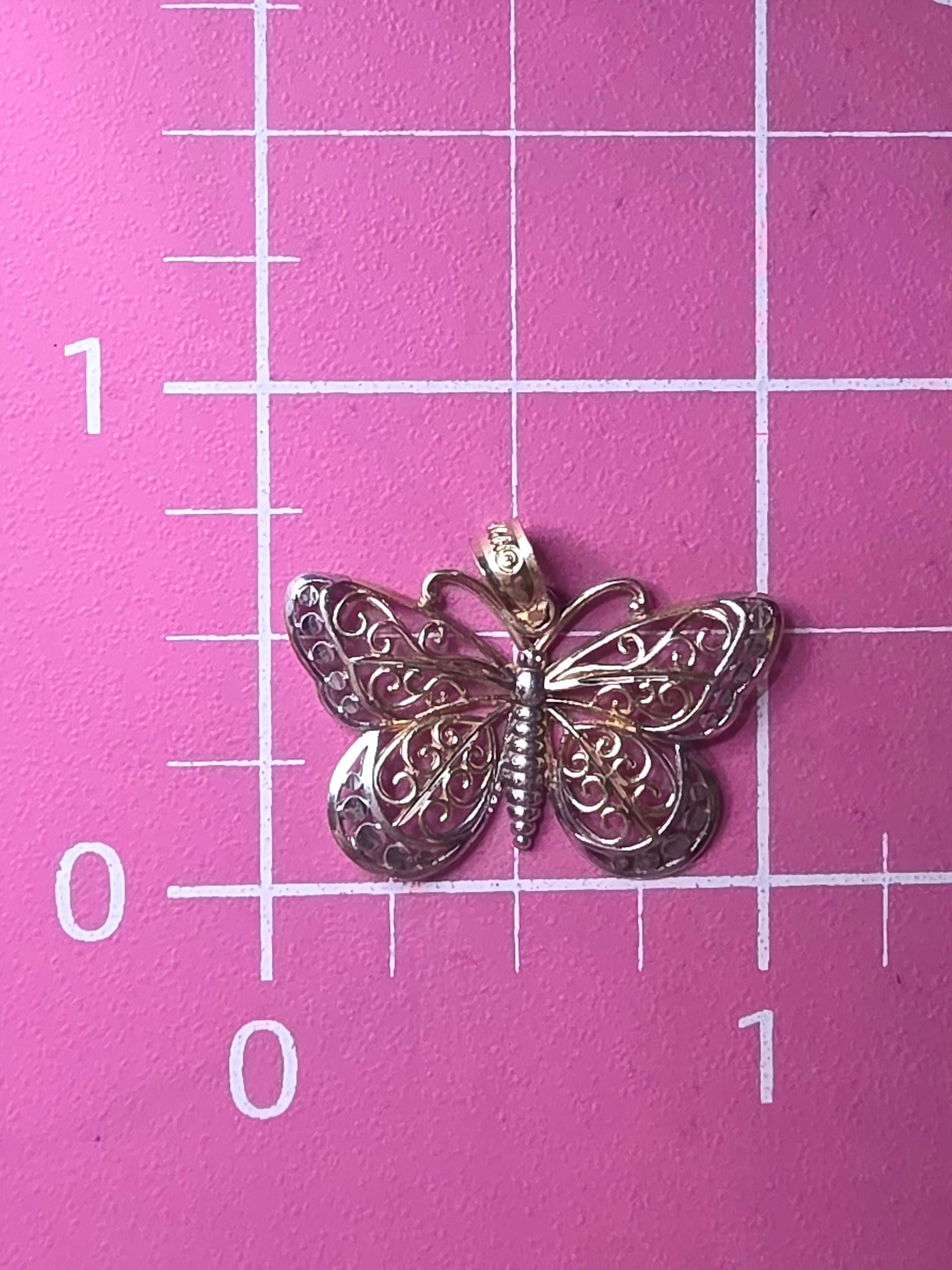 Solid 10K Two Tone Gold Filigree Butterfly Pendant Openwork Scrollwork