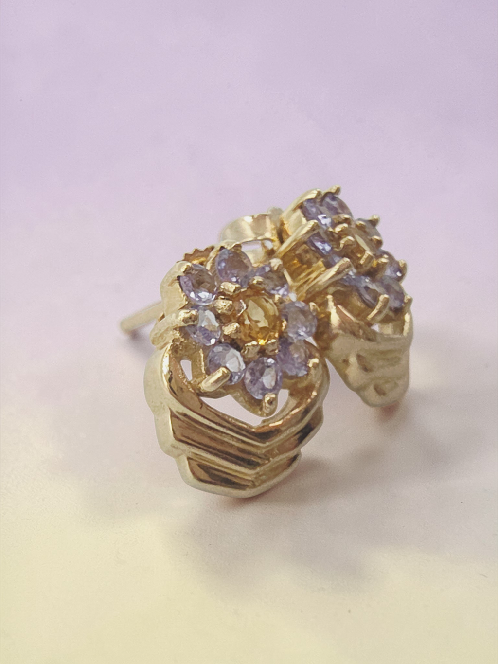 Solid 10K Yellow Gold Citrine & Tanzanite Floral Stud Earrings