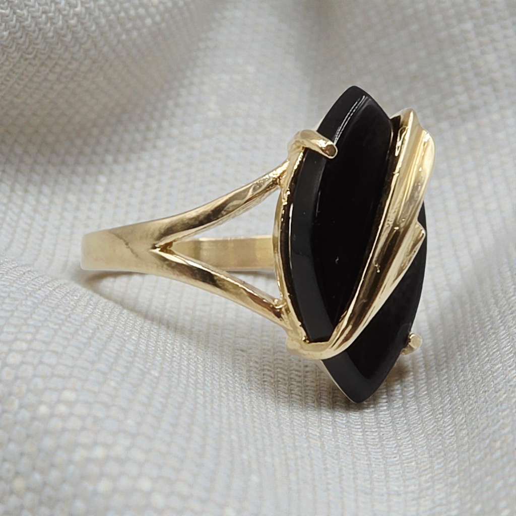 Solid 14K Yellow Gold Ring with Marquise Black Onyx – Size 7.5
