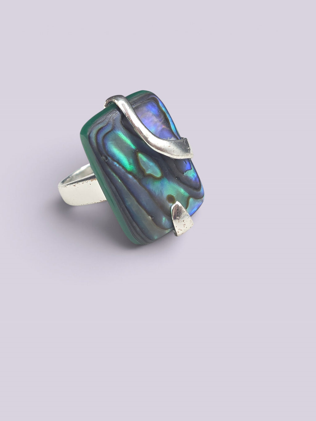 Sterling Silver 925 Abalone Paua Shell Rectangular Statement Ring Size 6