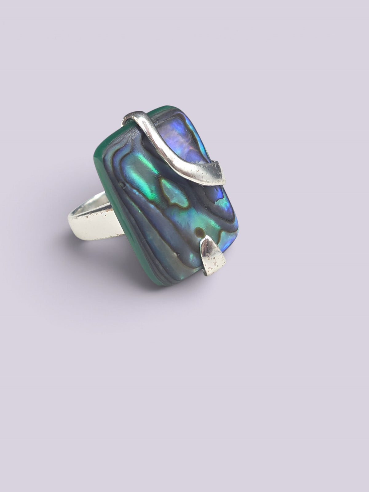 Sterling Silver 925 Abalone Paua Shell Rectangular Statement Ring Size 6