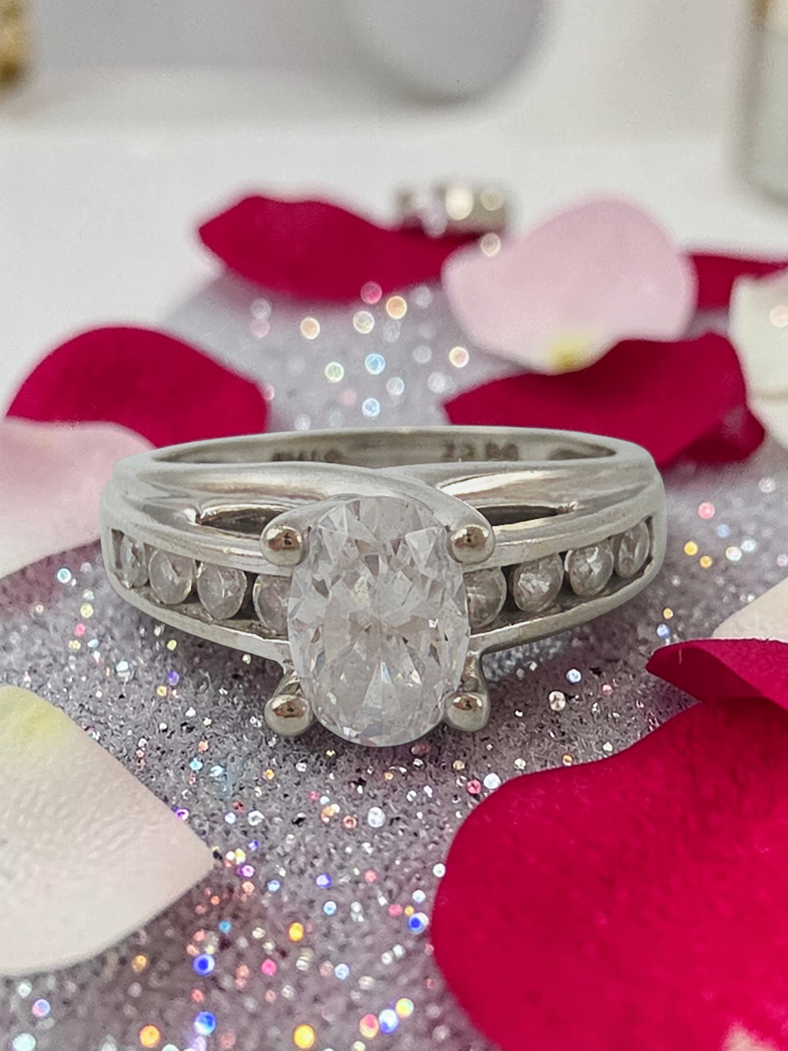 Solid 14K White Gold Oval-Cut CZ Ring with Channel Set Accents – Size 6