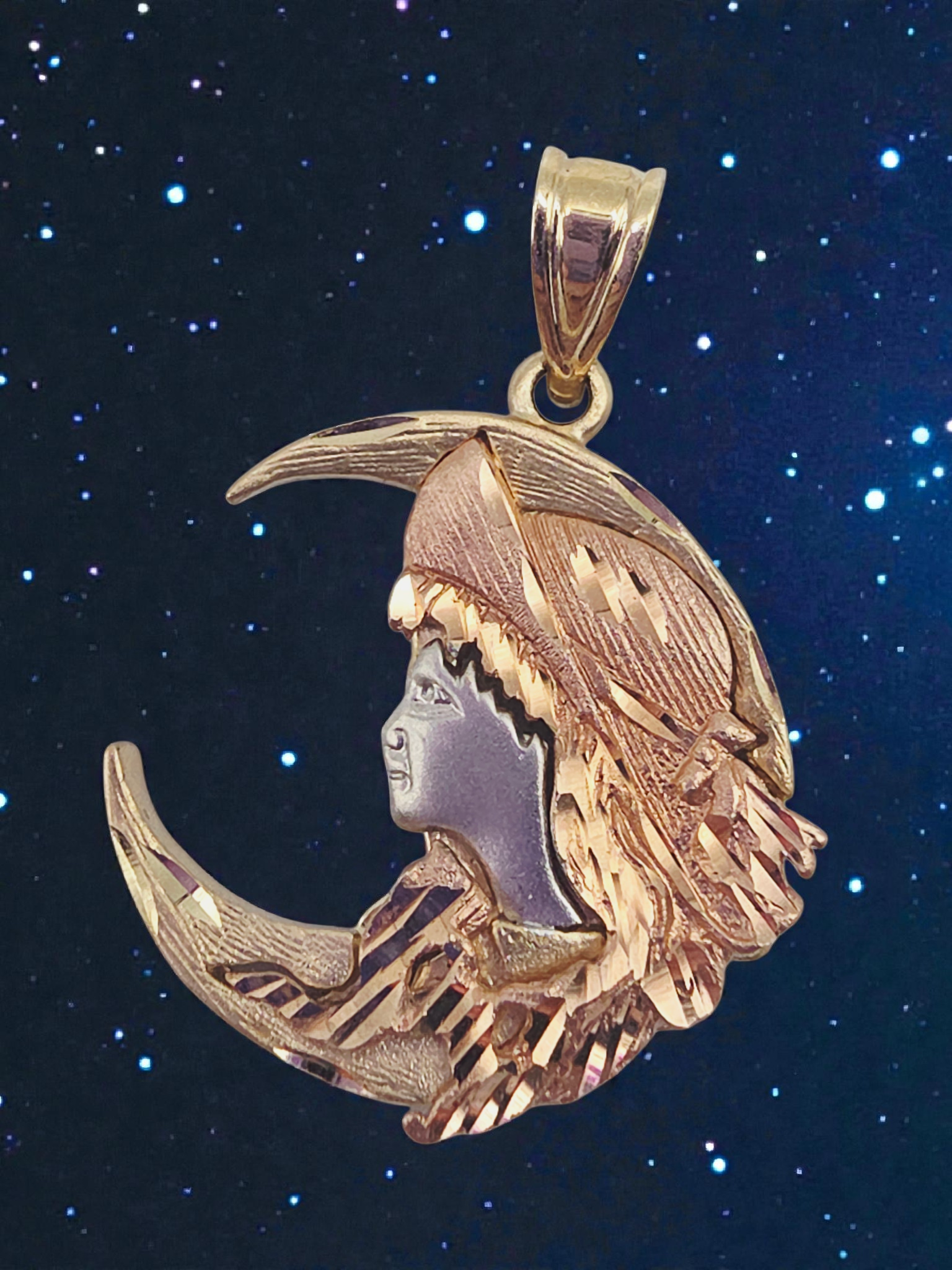 Michael Anthony Solid 14K Tri-Color Gold Moon Goddess Necklace Pendant