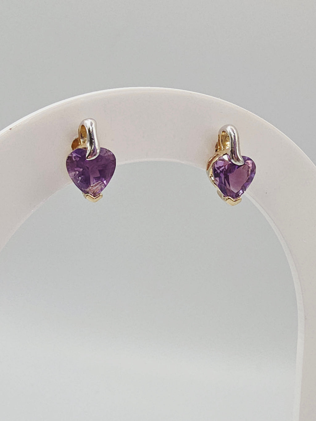 Solid 10 Two-Tone Gold Stud Earrings with Heart-Cut Amethyst