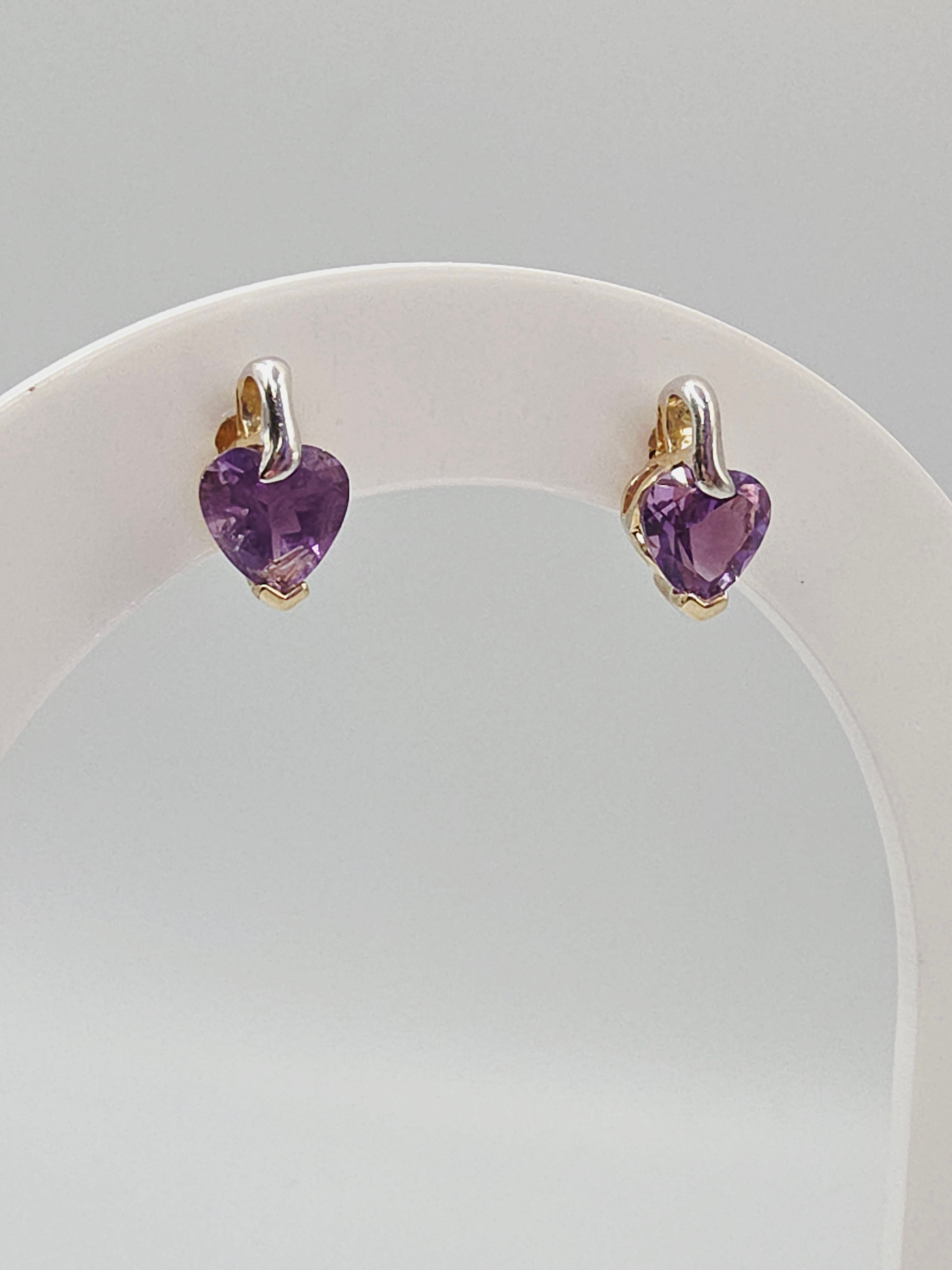 Solid 10 Two-Tone Gold Stud Earrings with Heart-Cut Amethyst