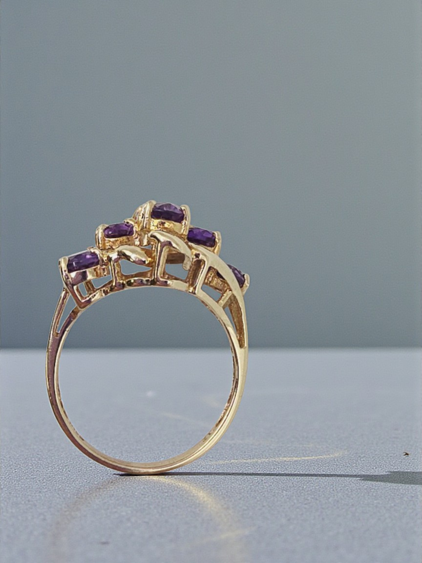 Solid 10K Yellow Gold Ring with Amethyst Cluster- Size 6