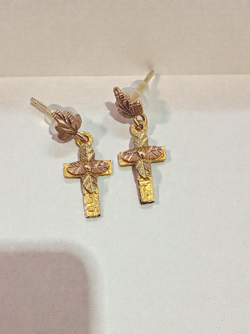 Black Hills Solid 10K Tri-Color Gold Floral Cross Earrings - Silicone Backs