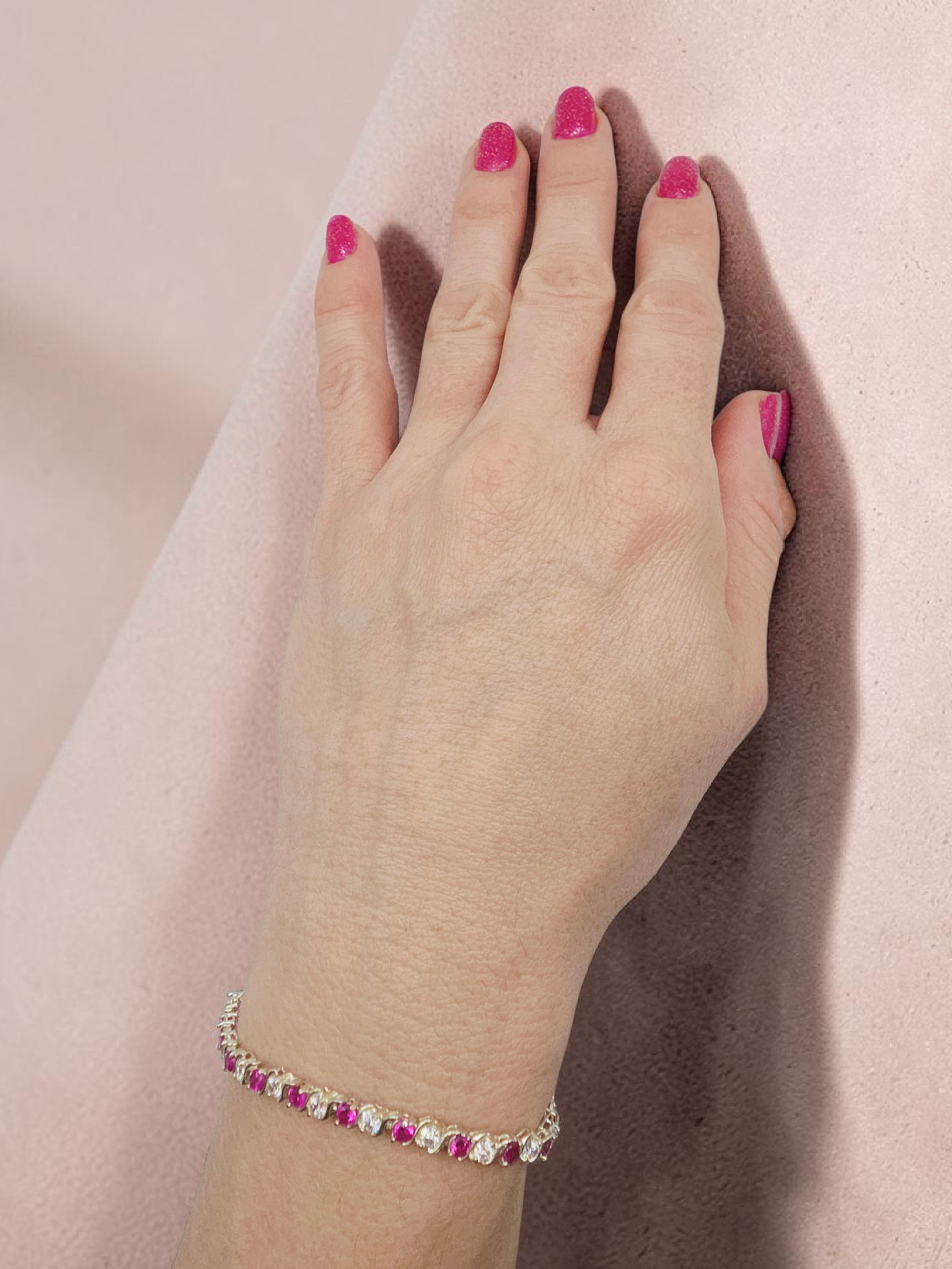 925 Sterling Silver Pink Sapphire Tennis Bracelet with CZ Accents - 7.5 Inch