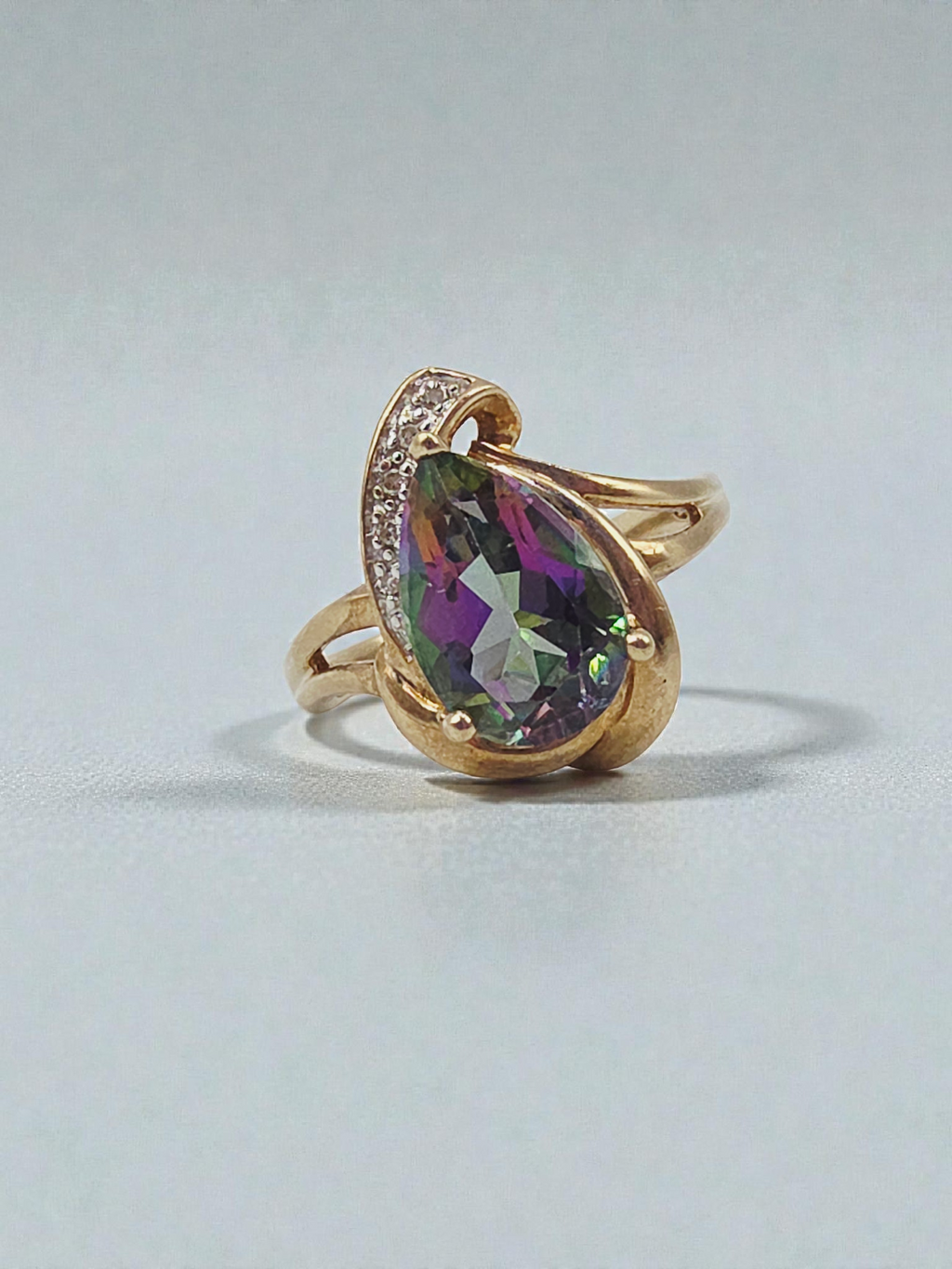 Solid 10K Yellow Gold Ring with Pear Cut Mystic Topaz and Diamond Accents Size 9