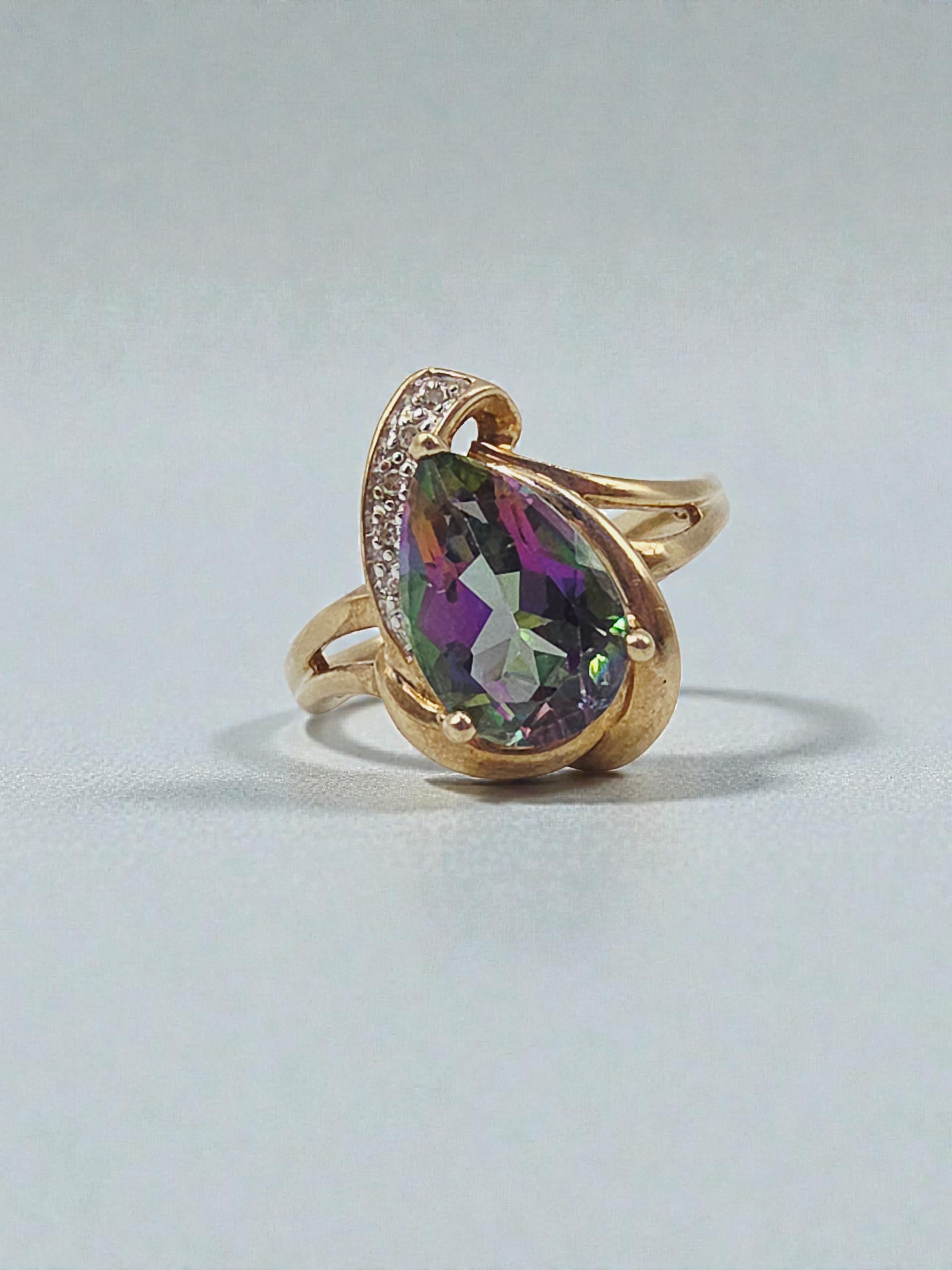 Solid 10K Yellow Gold Ring with Pear Cut Mystic Topaz and Diamond Accents Size 9