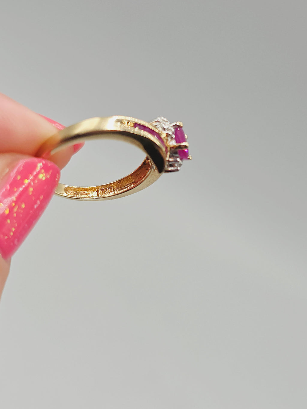 Solid 10K Yellow Gold Ring with Oval-Cut Ruby and Ruby & Diamond Accents - Size 7