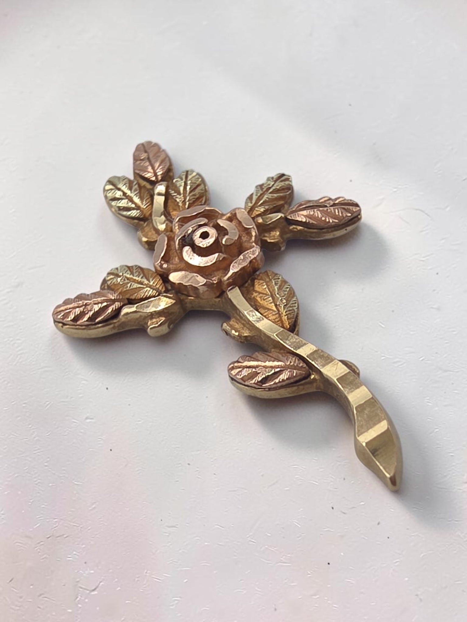 Vintage Black Hills Solid 10K Tri Color Rose Flower Pendant 12K Leaf Accents