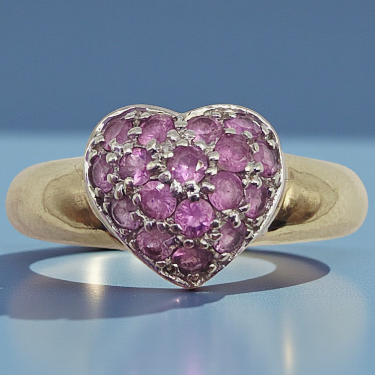 Solid 10K Yellow Gold Ring with Pink Sapphire Heart – Size 6.75