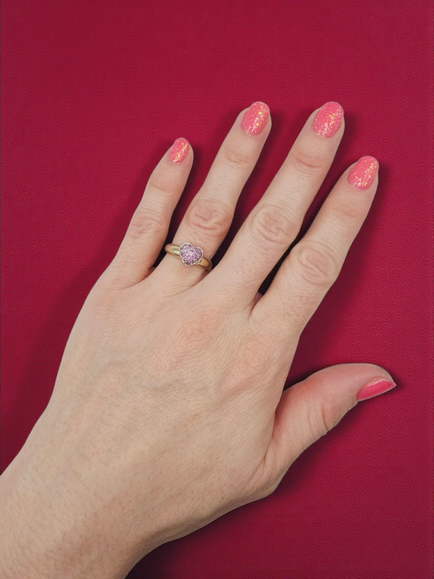 Solid 10K Yellow Gold Ring with Pink Sapphire Heart – Size 6.75
