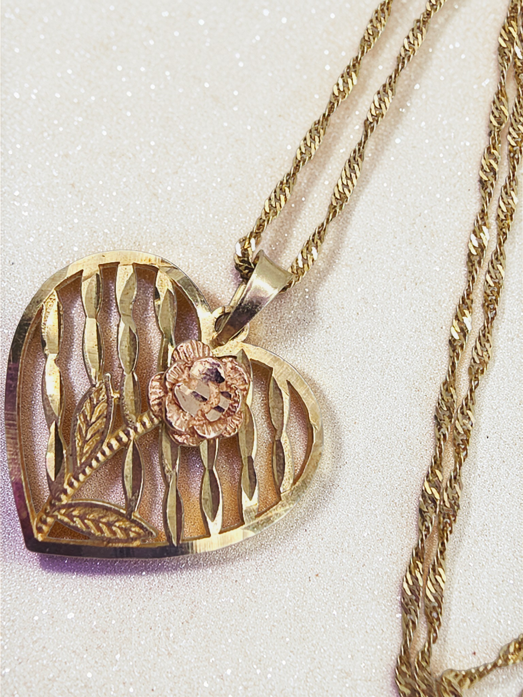 Solid 10K Two-Tone Gold Rose in Heart Pendant Necklace - 18 Inch - Italy