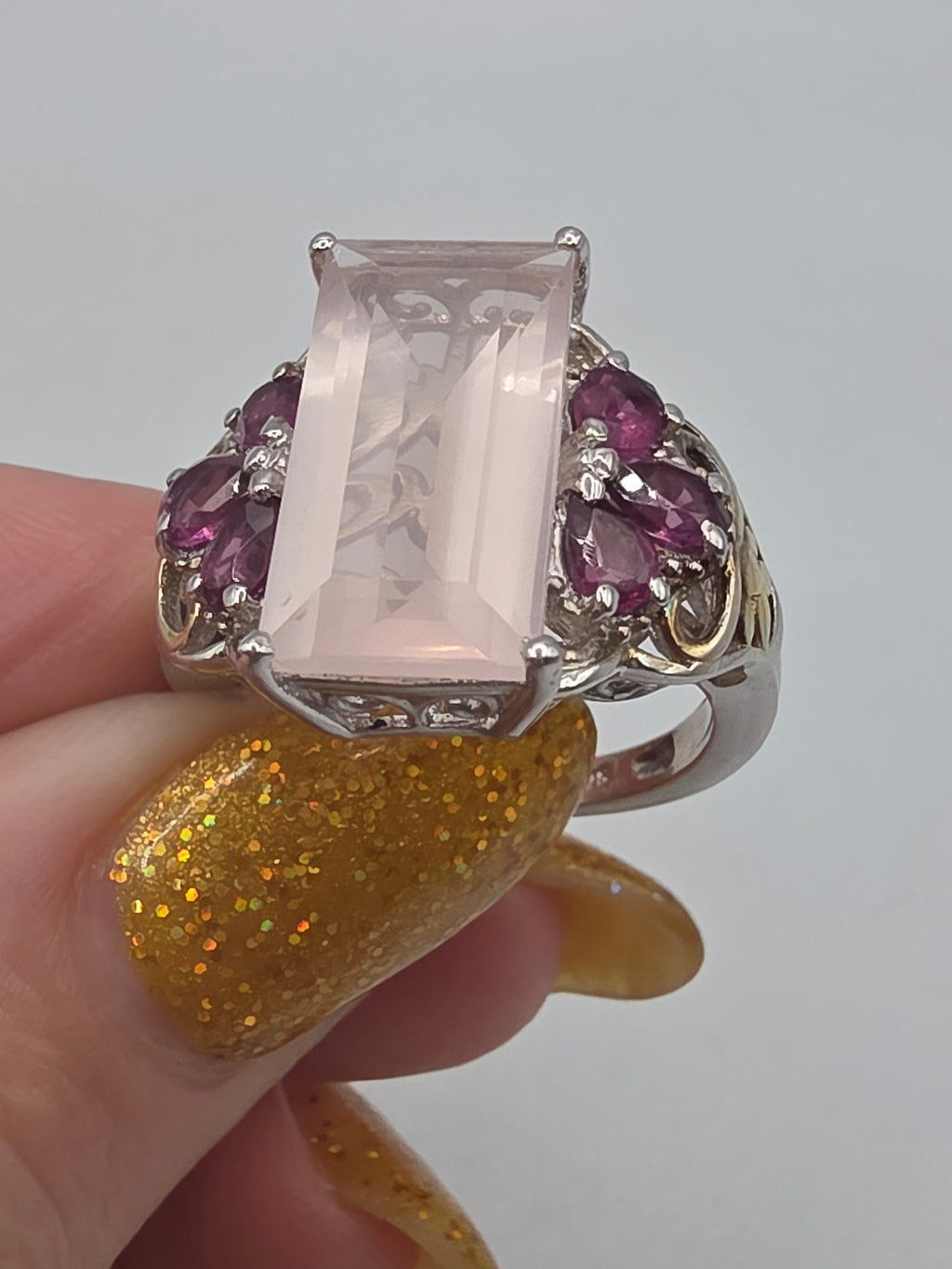 STS Jewels Sterling Silver Pink Quarts & Rhodolite Ring 18K Gold Accents Size 7
