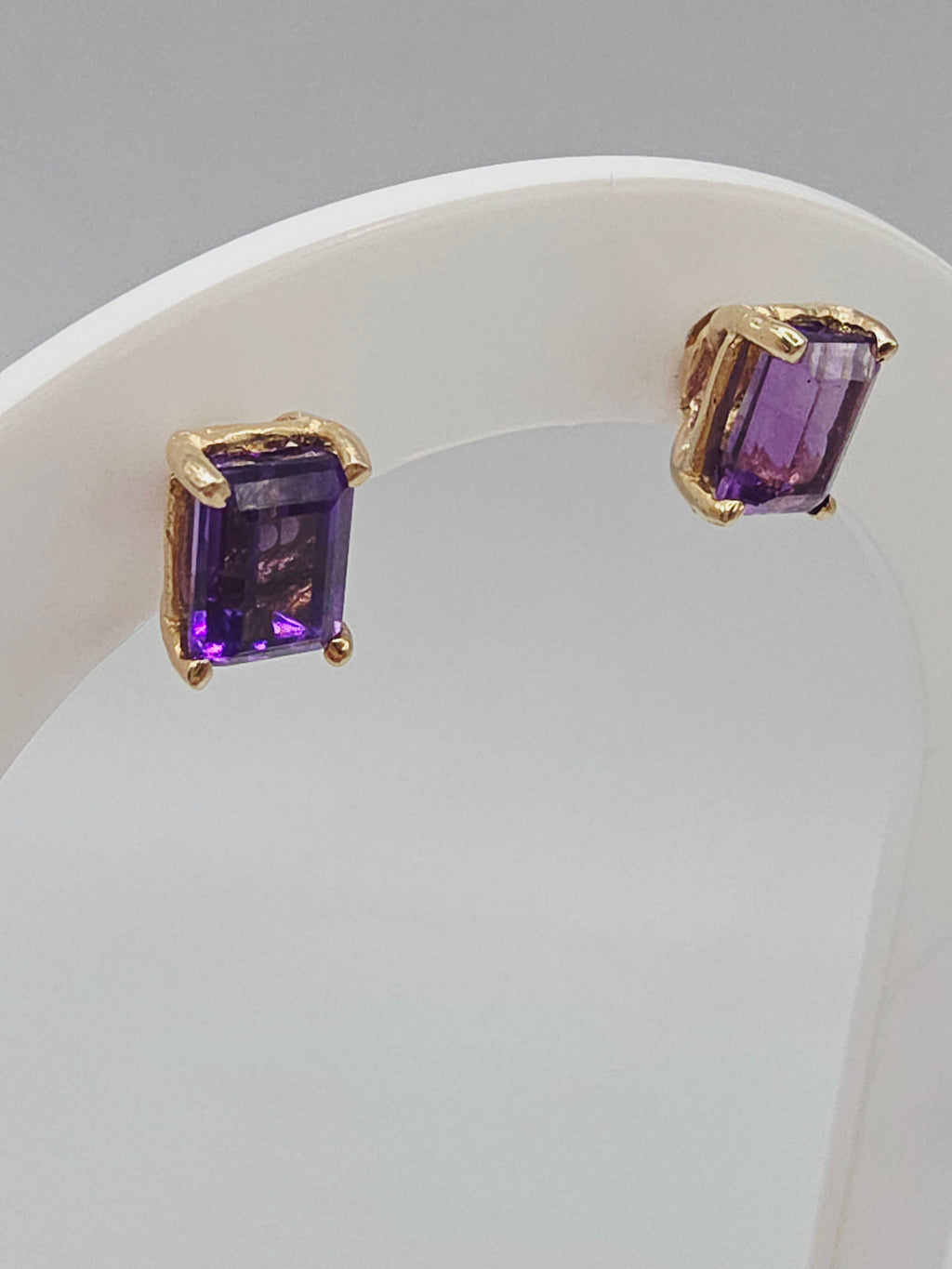 Solid 14K Yellow Gold Emerald Cut Amethyst Stud Earrings