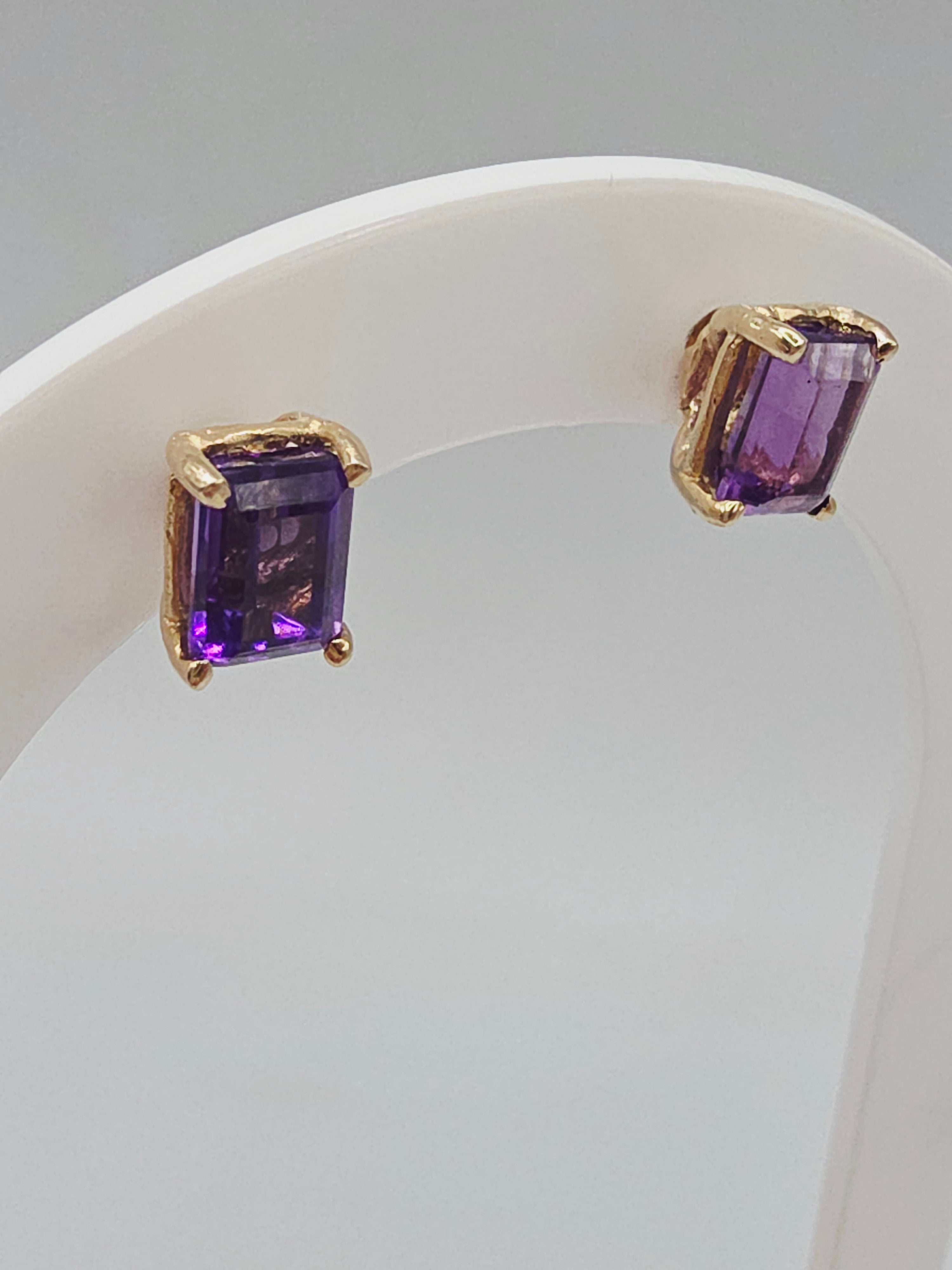 Solid 14K Yellow Gold Emerald Cut Amethyst Stud Earrings