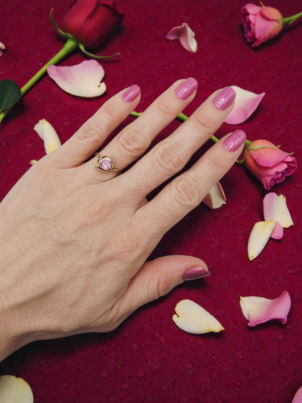 Solid 10K Yellow Gold Ring with Heart-Cut Pink Tourmaline - Sz 7