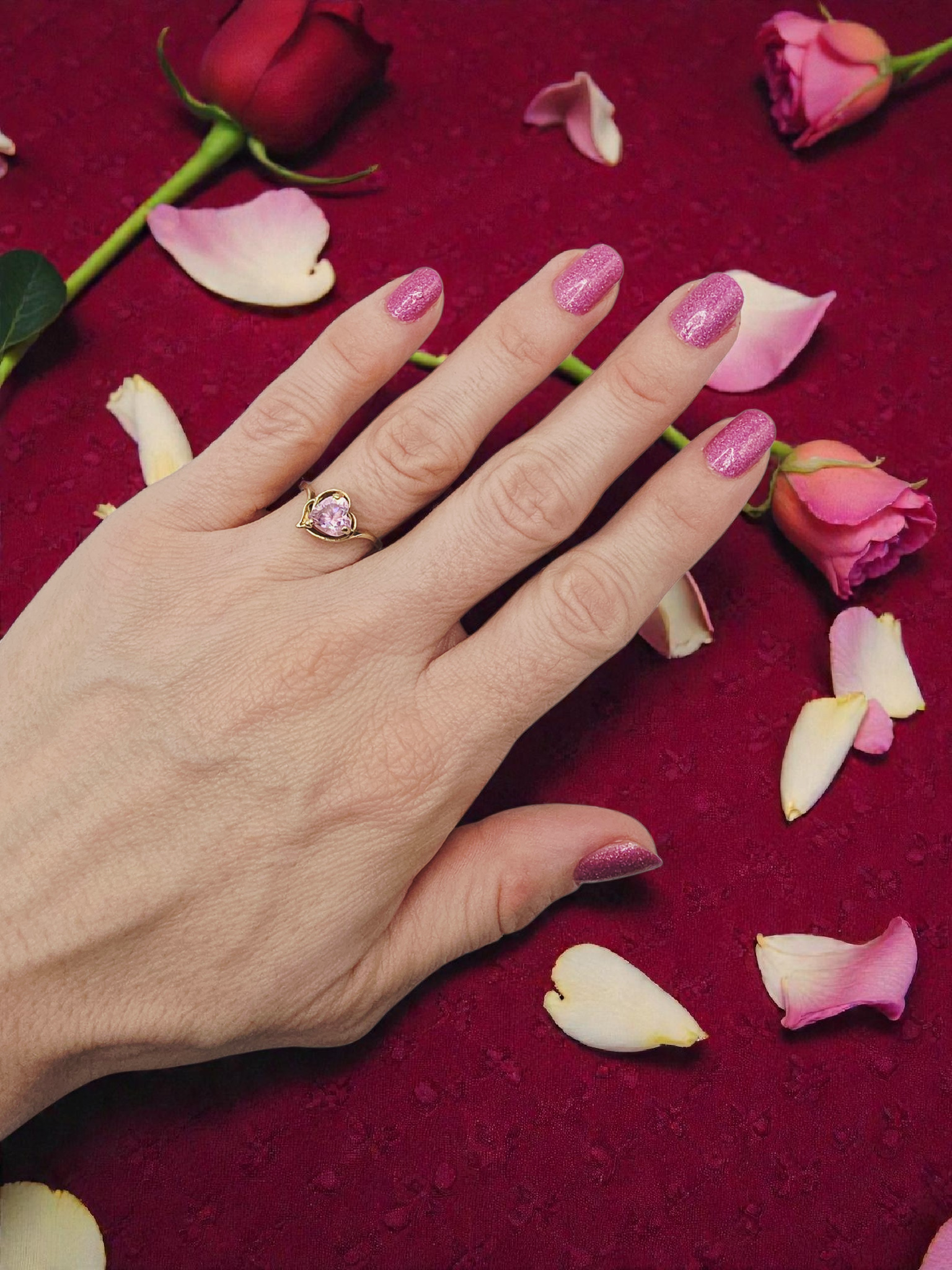 Solid 10K Yellow Gold Ring with Heart-Cut Pink Tourmaline - Sz 7