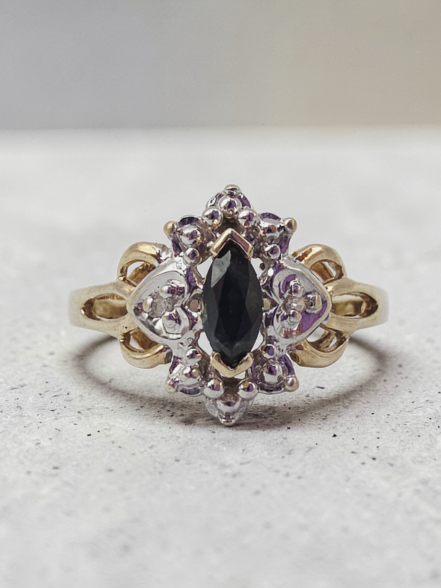 10K Solid Gold Dark Blue Topaz Ring with Diamond Accents, Size 7