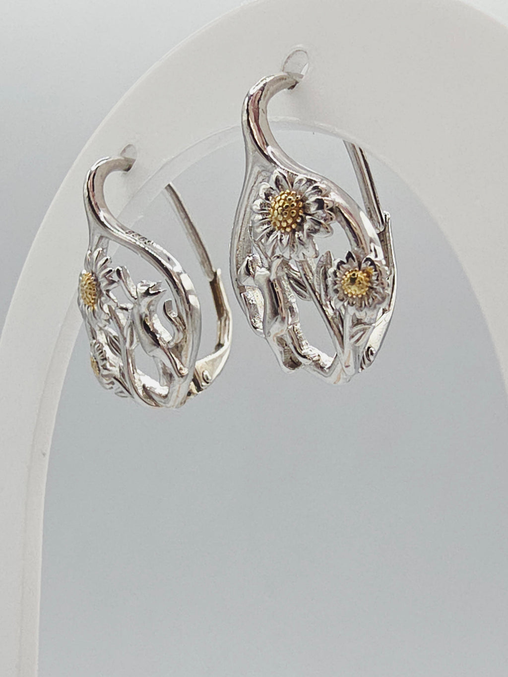 925 Sterling Silver Kitty Cat & Sunflower Leverback Drop Earrings with 24K Gold Accents