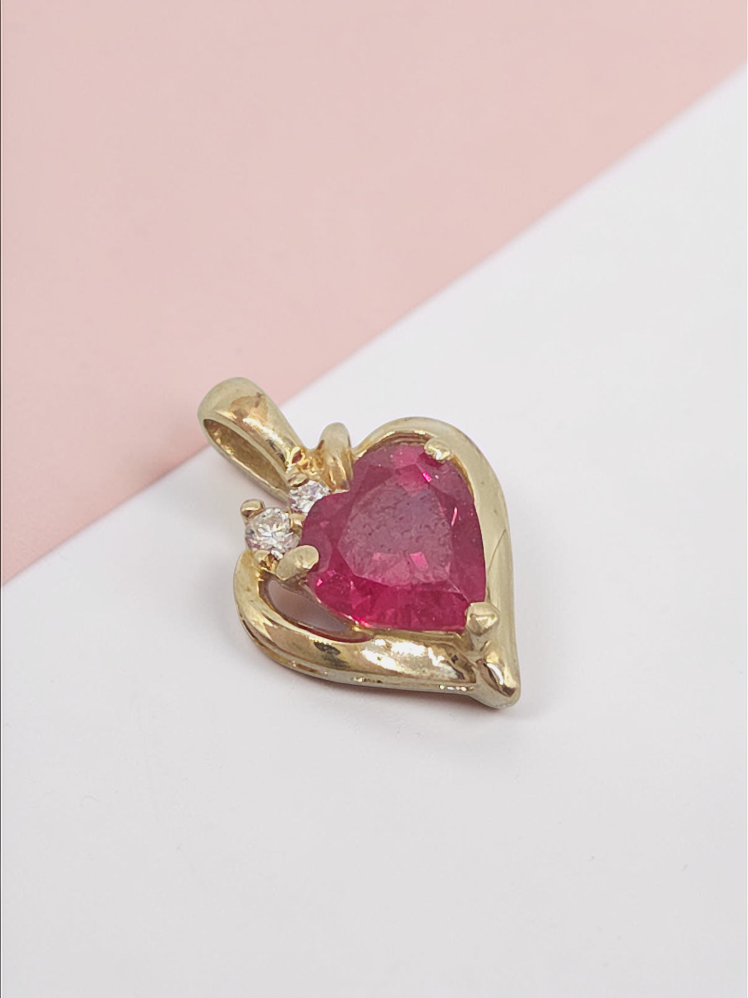 Solid 10K Yellow Gold Ruby Heart Necklace Pendant with CZ Accents